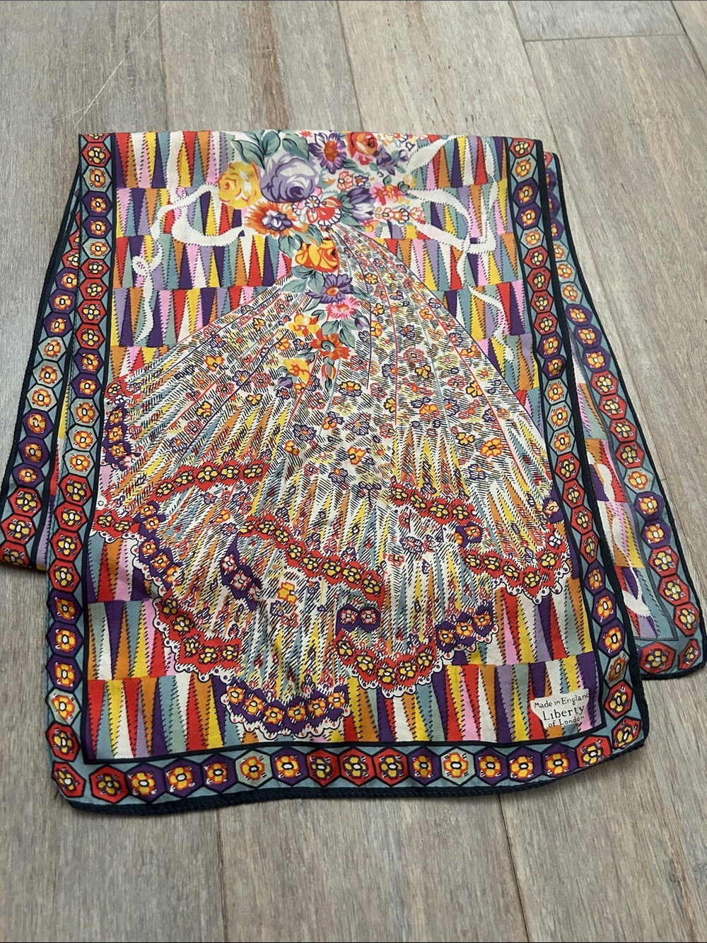 VTG Silk Liberty of London Made In England Vibrant Floral Fan Print Long Scarf - Picture 14 of 16
